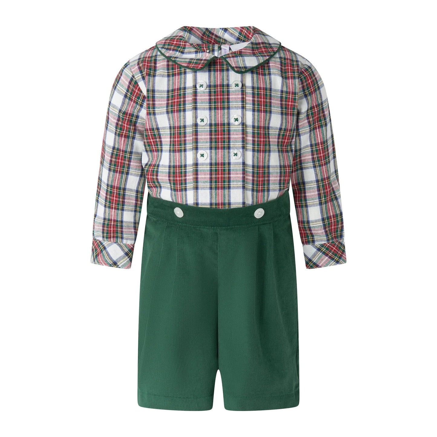 Children's outfit with plaid shirt and green shorts on a white background