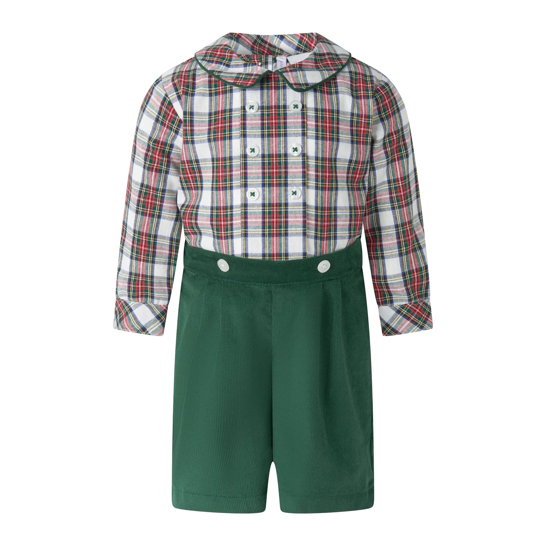 Children's outfit with plaid shirt and green shorts on a white background