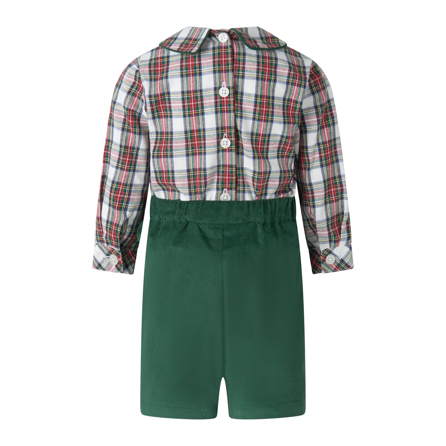 Plaid shirt and green shorts set on a white background