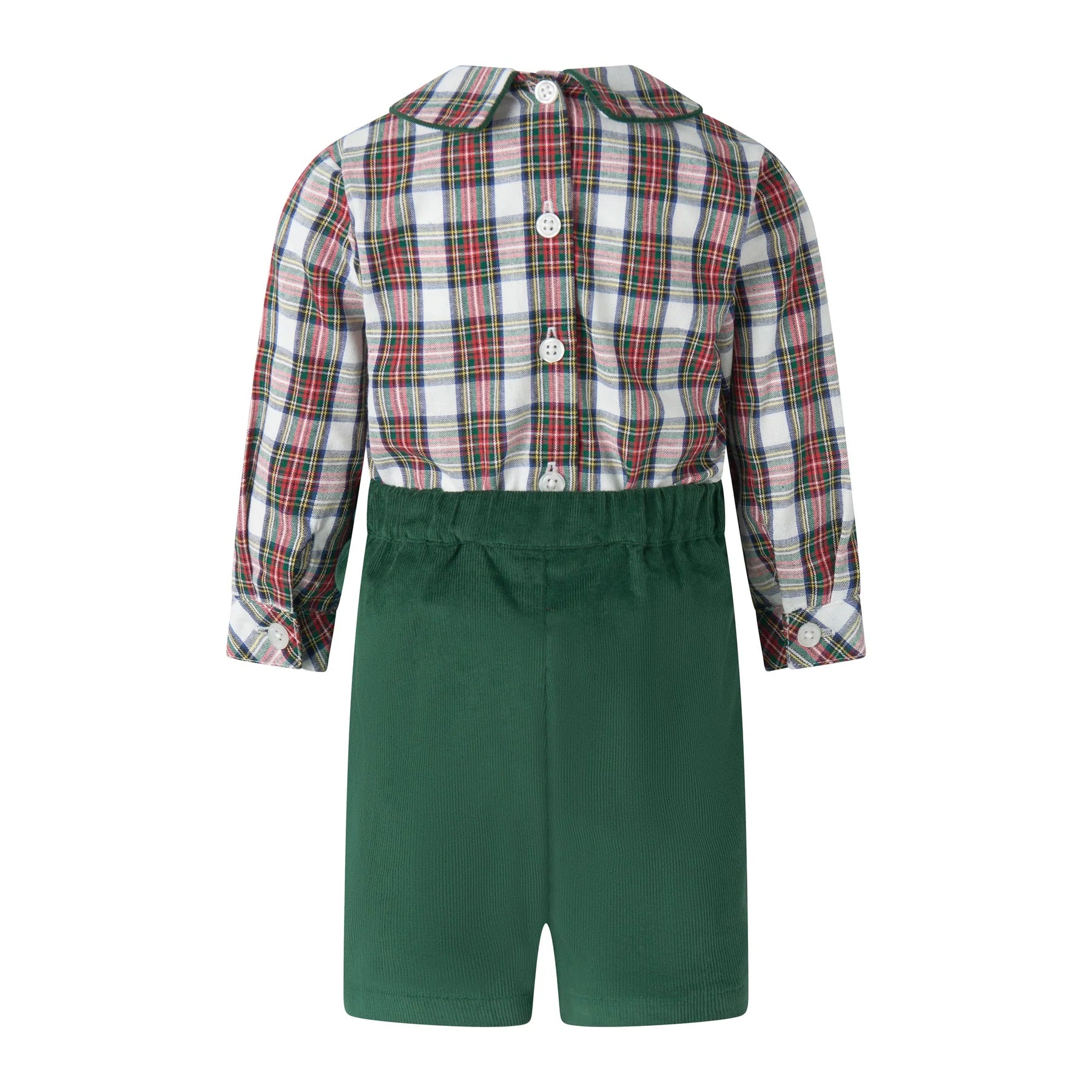 Plaid shirt and green shorts set on a white background