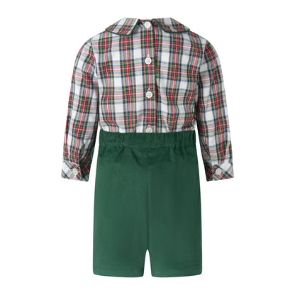 Plaid shirt and green shorts set on a white background