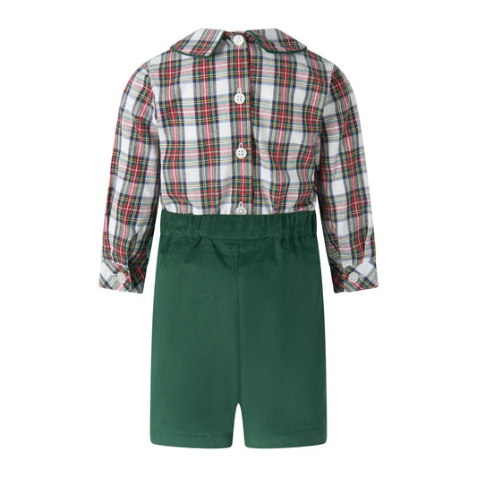 Plaid shirt and green shorts set on a white background