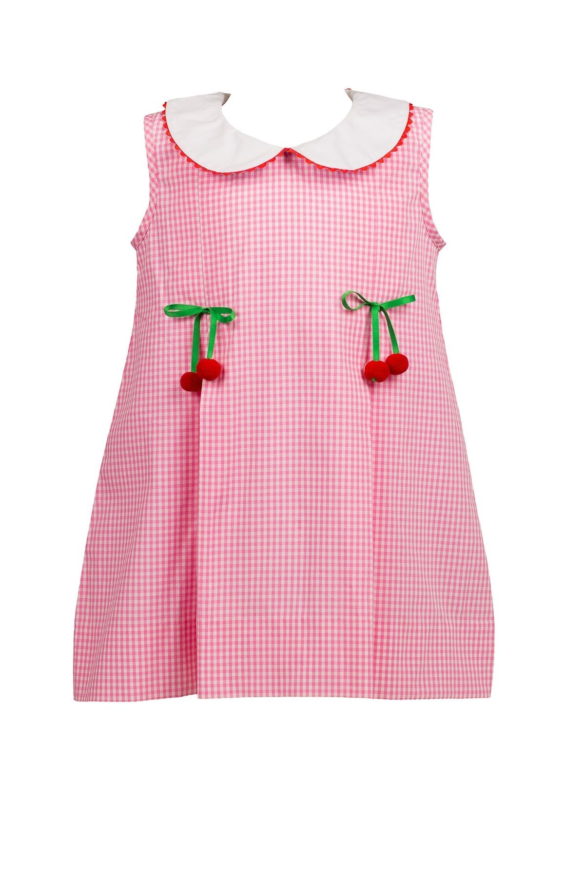 Pink checkered dress with white collar and cherry details on a white background