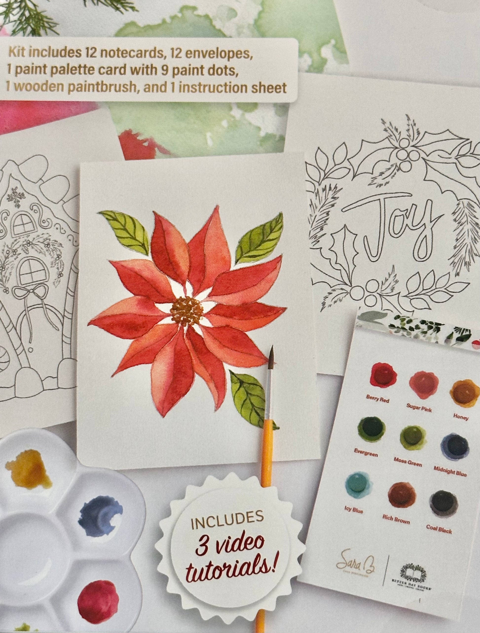 A flat lay of a holiday art kit showing printed notecards, envelopes, a paint palette card with 9 paint dots, a wooden paintbrush, an instruction sheet, and a painted poinsettia illustration. A paint palette with paint wells and a paintbrush are also visible on a white background.