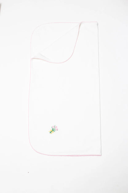 White pocket square with a floral embroidery on a white background