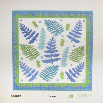Cross-stitch pattern with fern designs on a white background