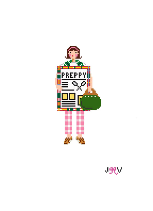 Pixel art character holding a 'Preppy' sign with various items on a white background