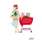 needlepoint design showing a women with red shopping cart design