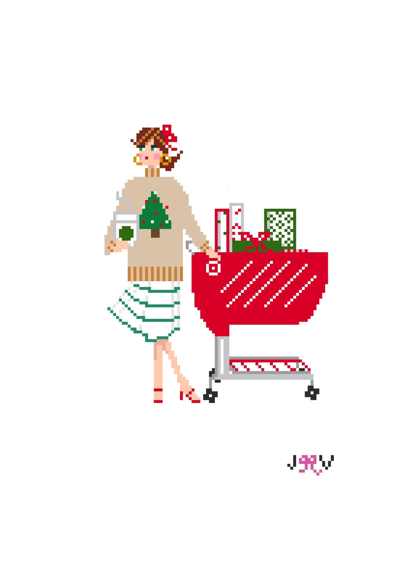 needlepoint design showing a women with red shopping cart design