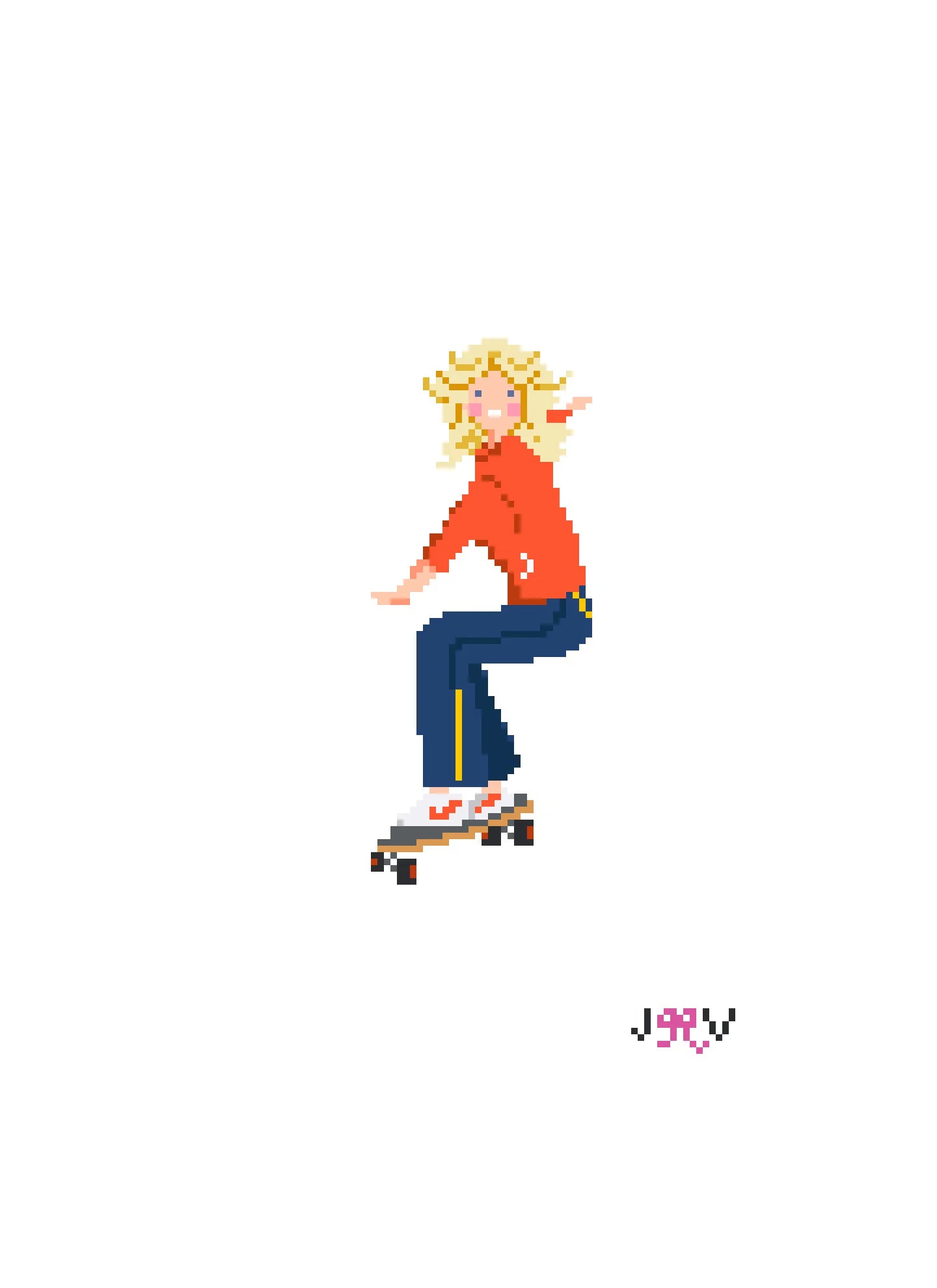 Pixel art of a person skateboarding on a white background with 'JWY' logo.