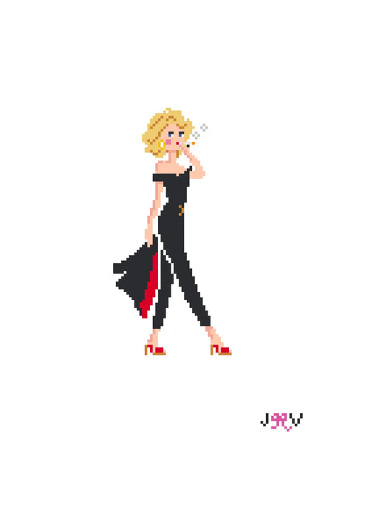 needlepoint canvas of a women in a black outfit