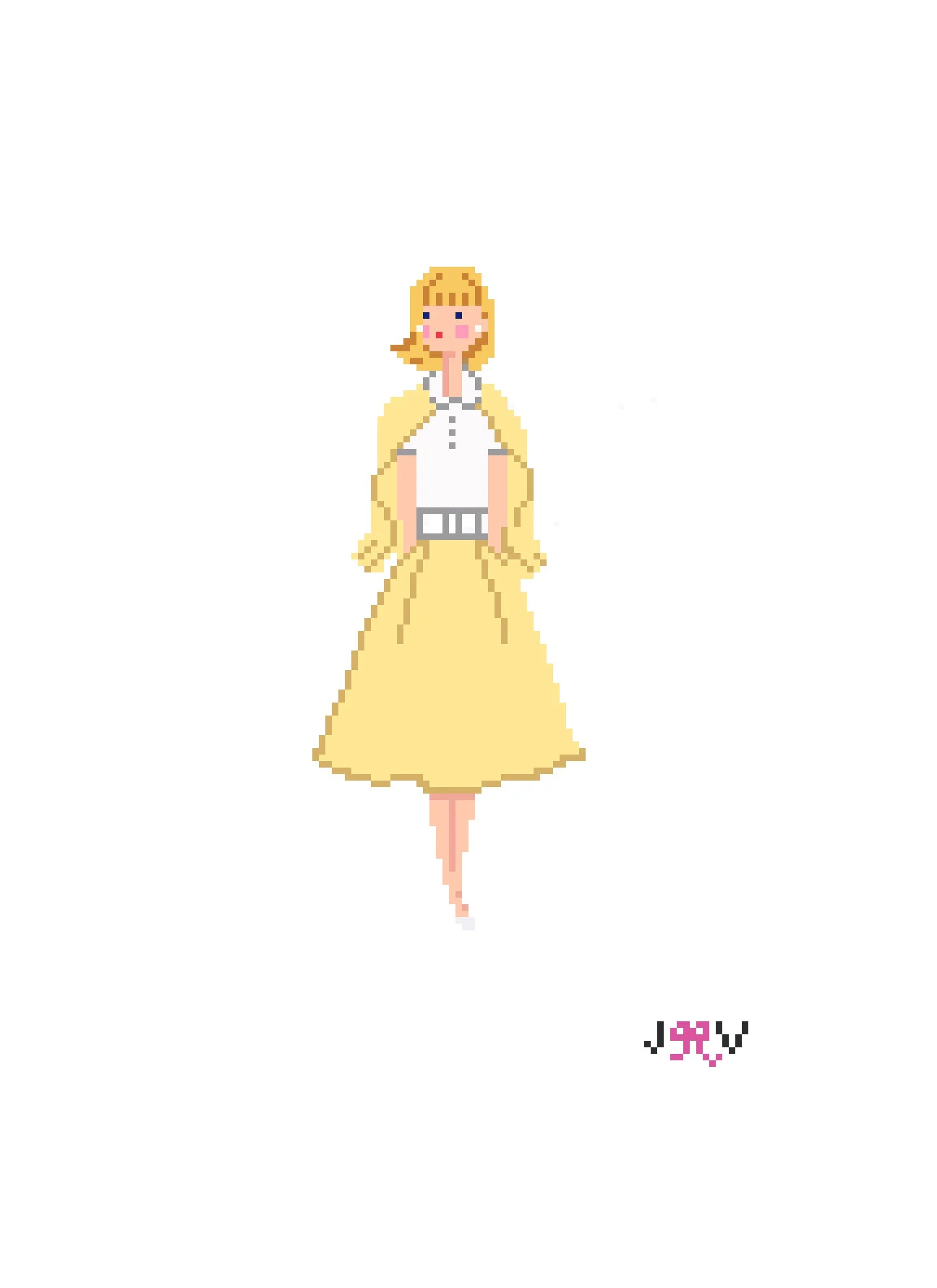 Pixel art character of a girl in a yellow dress on a white background