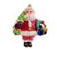 Colorful glass Santa Claus ornament holding gifts on a white background