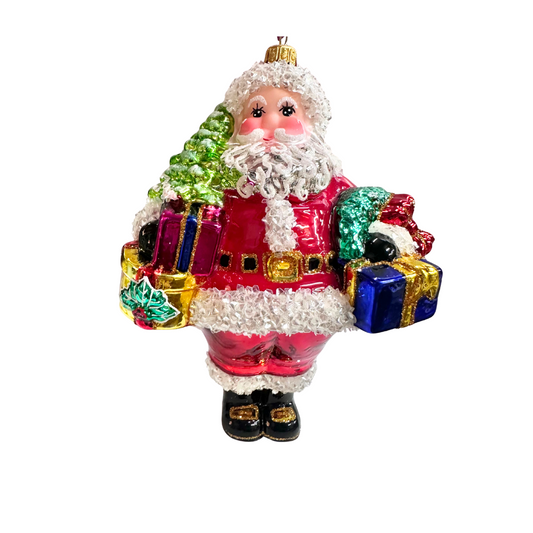 Colorful glass Santa Claus ornament holding gifts on a white background