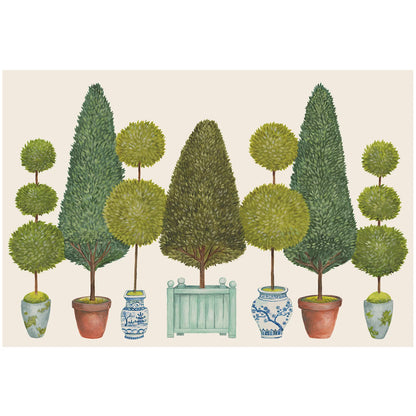 Illustration of various potted trees and plants on a beige background