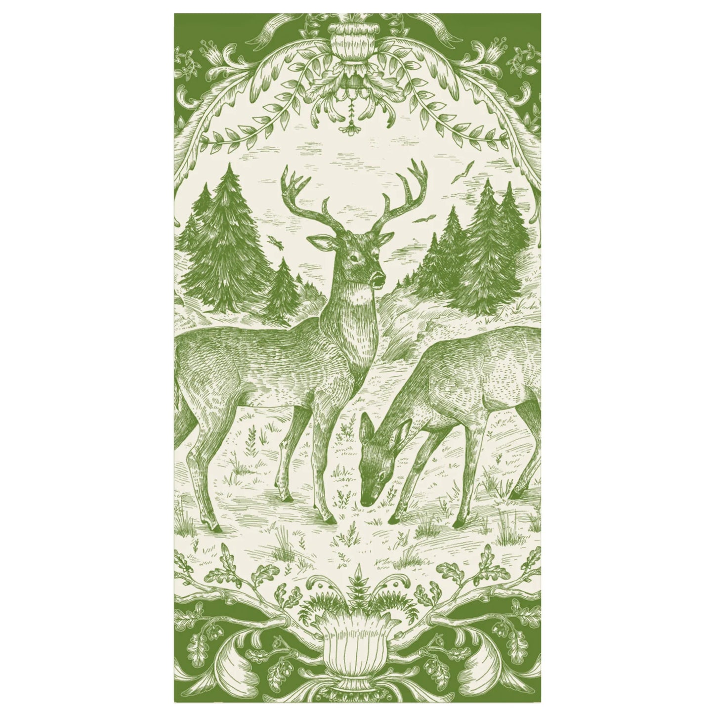 Decorative paper with deer and nature design in green on a white background