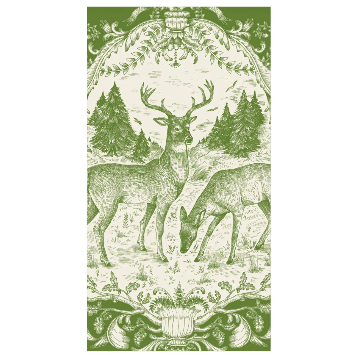 Decorative paper with deer and nature design in green on a white background
