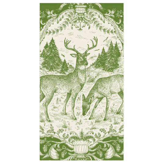 Decorative paper with deer and nature design in green on a white background
