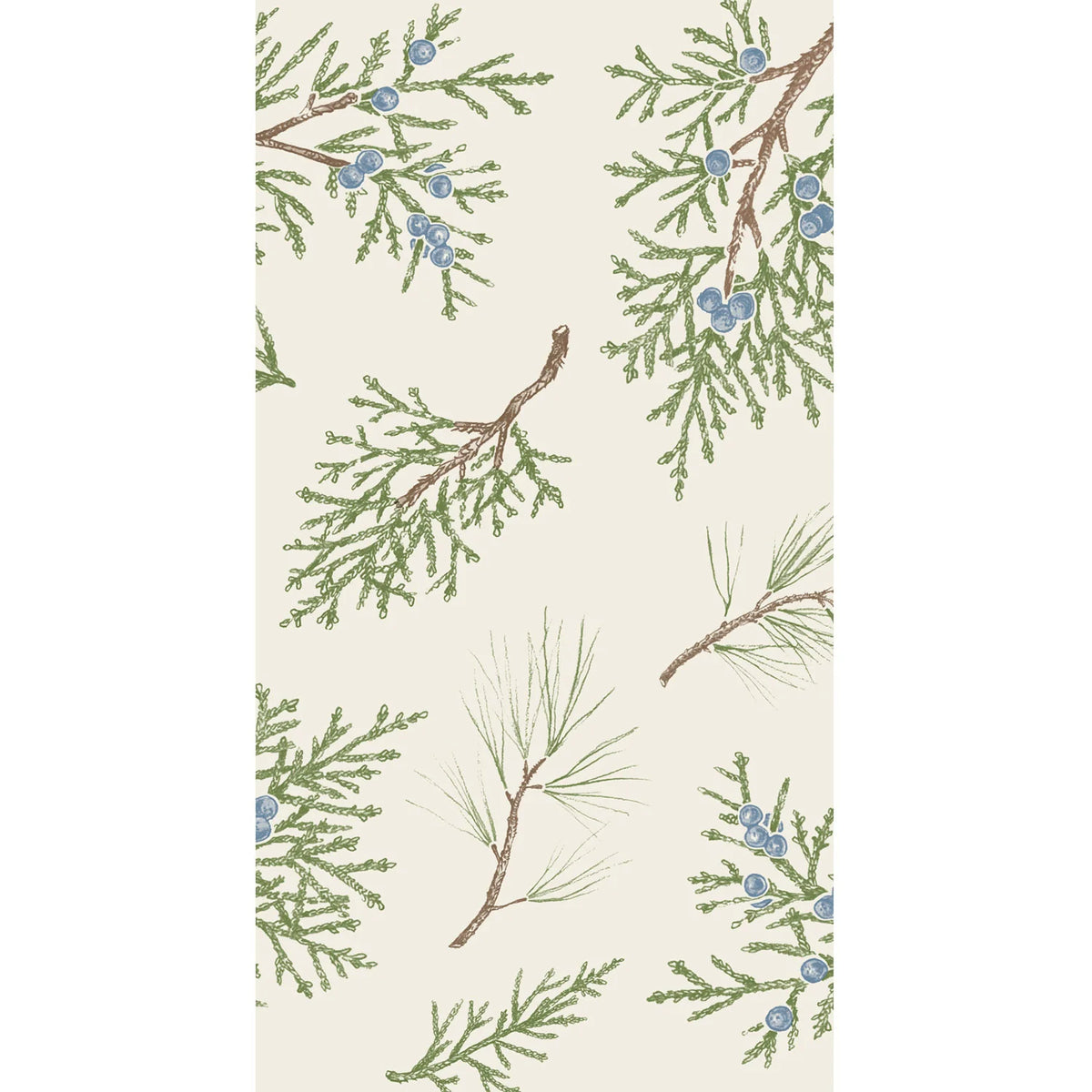 Pattern of green branches and blue berries on a beige background