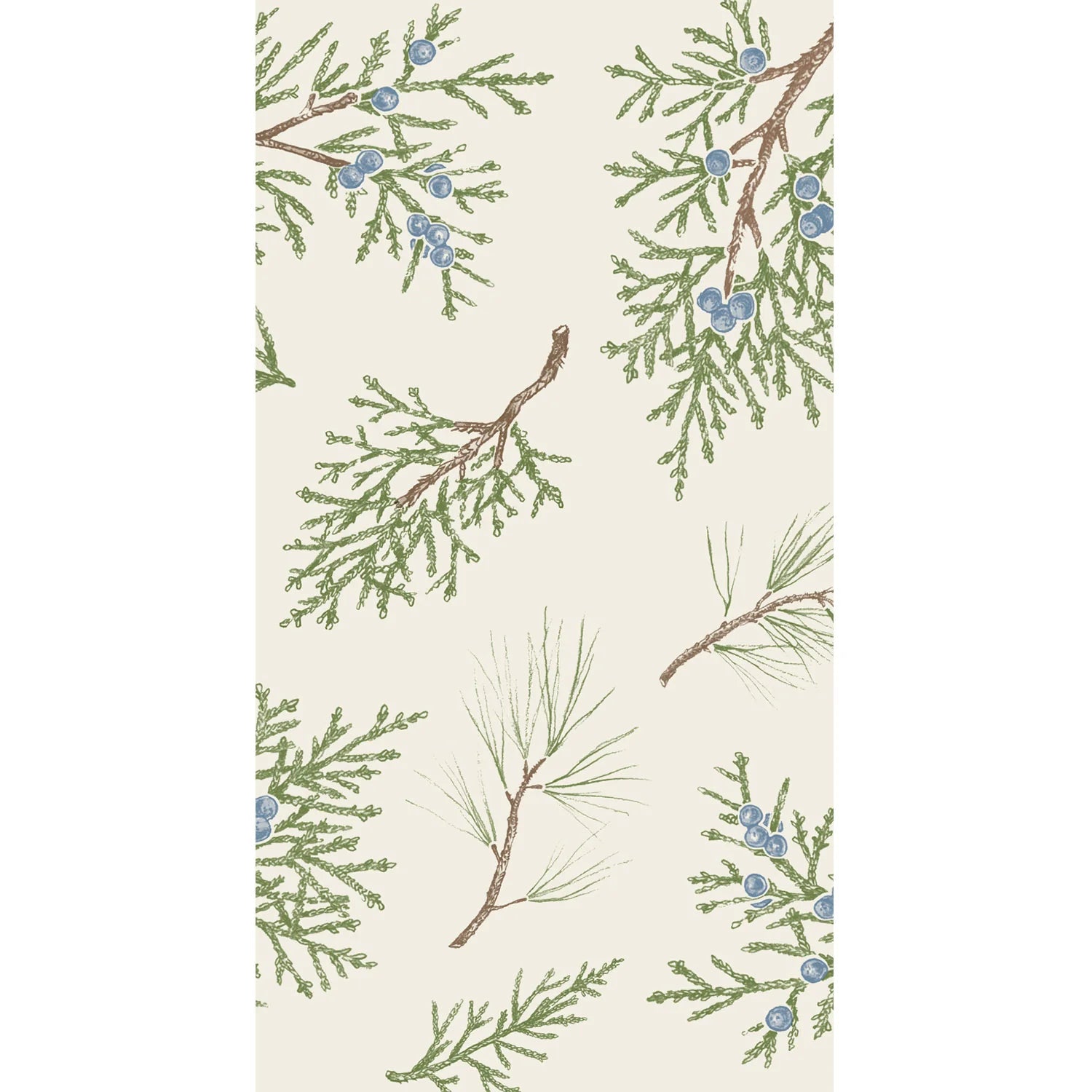 Pattern of green branches and blue berries on a beige background