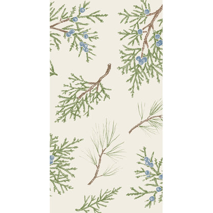 Pattern of green branches and blue berries on a beige background