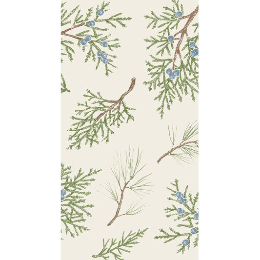 Pattern of green branches and blue berries on a beige background