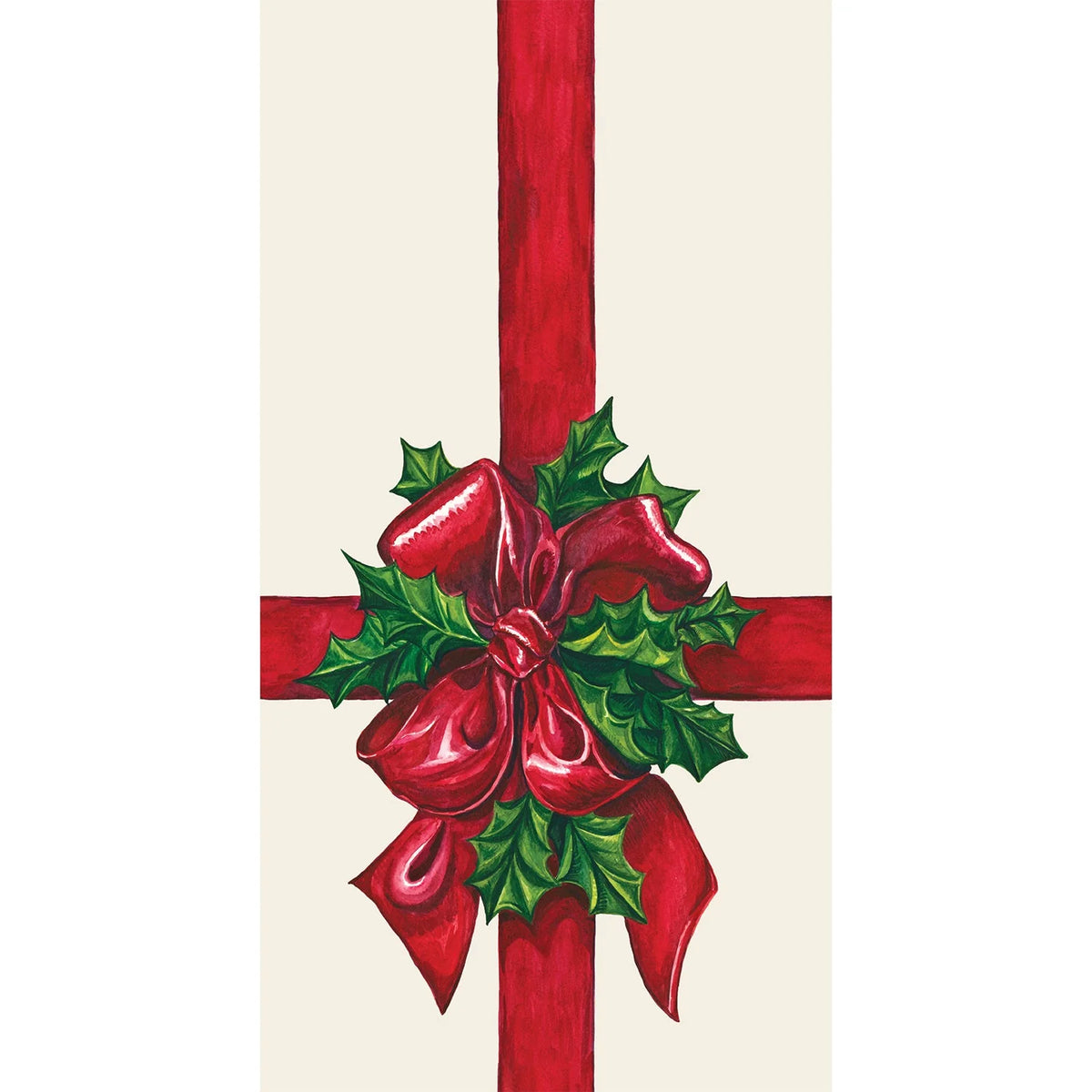 Decorative Christmas bow with red ribbon and green holly leaves on a beige background