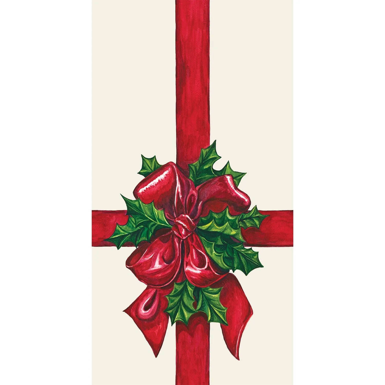 Decorative Christmas bow with red ribbon and green holly leaves on a beige background