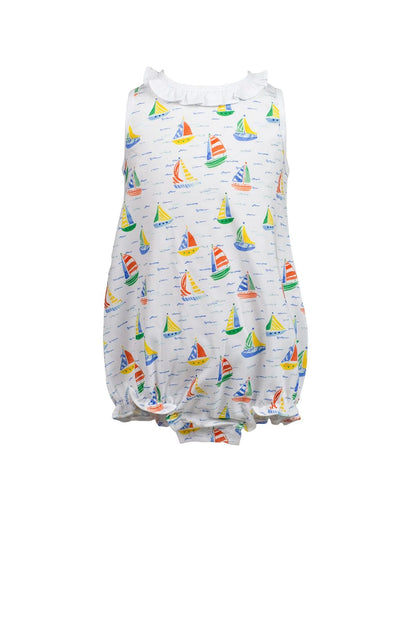 White one piece outfit with sailboat pattern