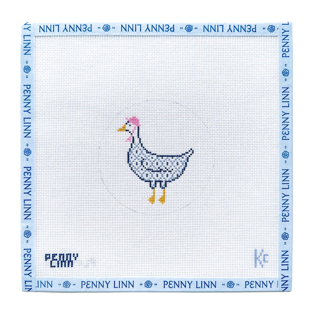 A square needlepoint canvas featuring a pixelated blue duck with pink and yellow details, surrounded by a light blue border printed with 'PENNY LINN' repeatedly. The brand name 'PENNY LINN' is also visible in the bottom-left corner.