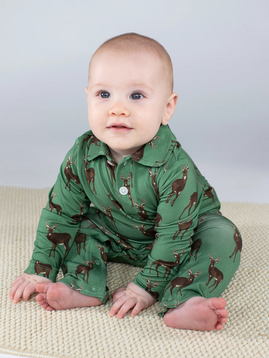 Long Sleeve Polo Romper - Deer