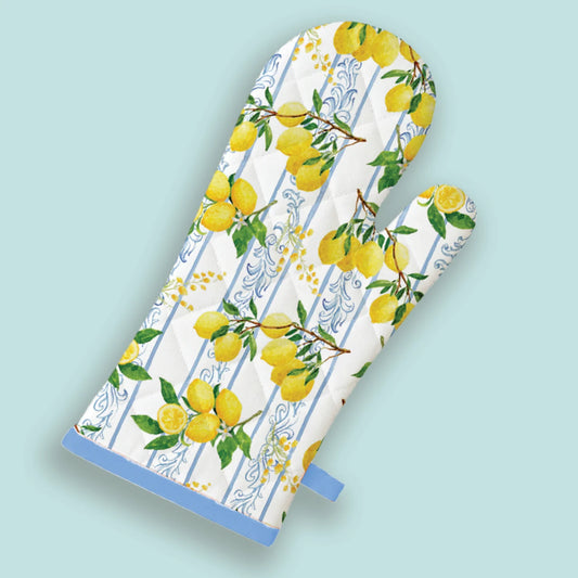 Oven mitt with lemon design on a light blue background