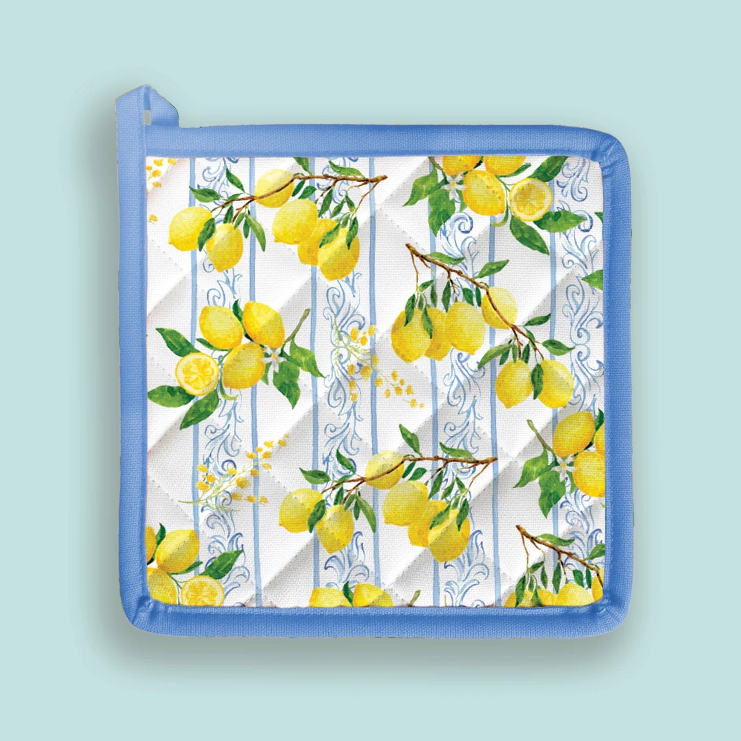 Potholder with lemon design on a light blue background