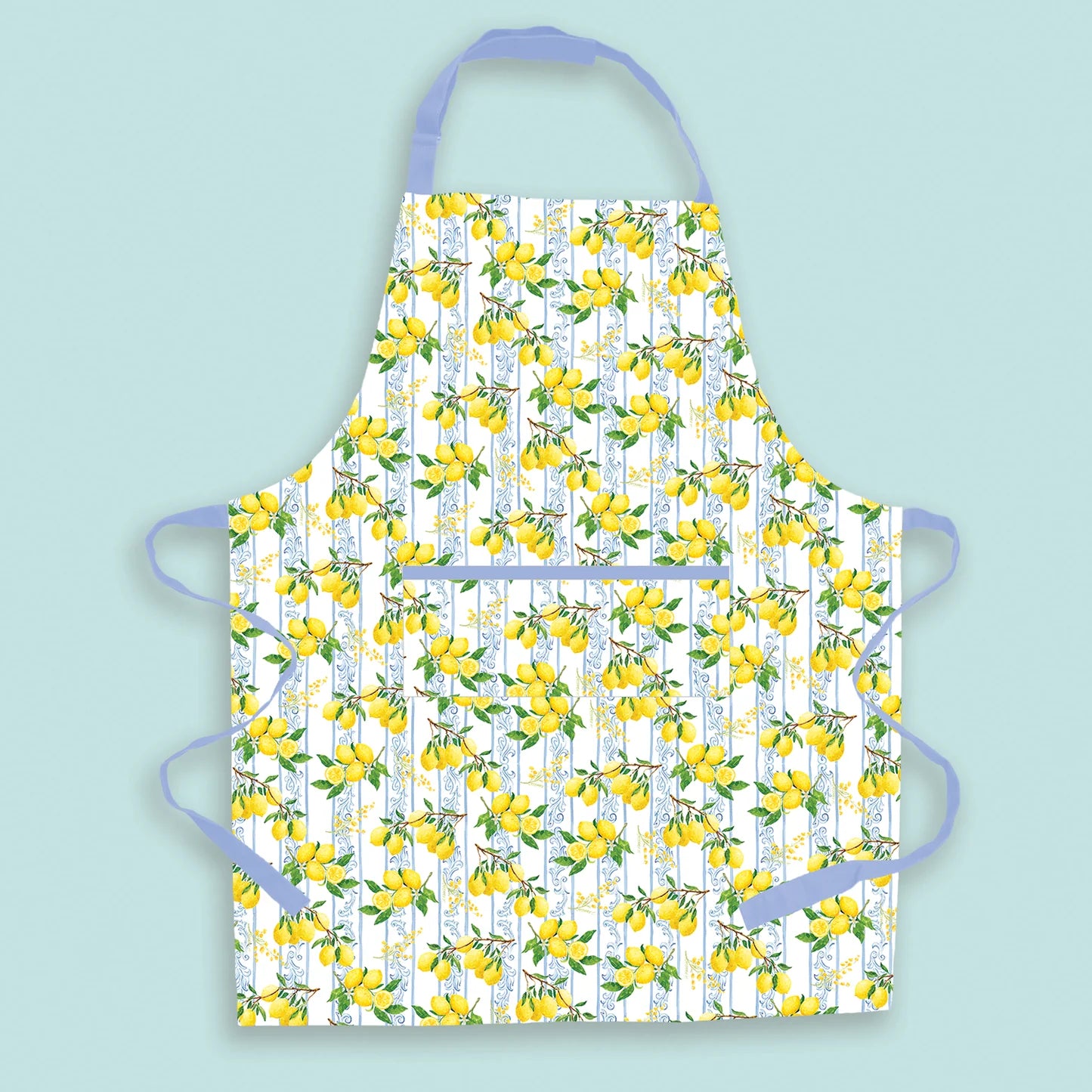 Apron with lemon pattern on a light blue background