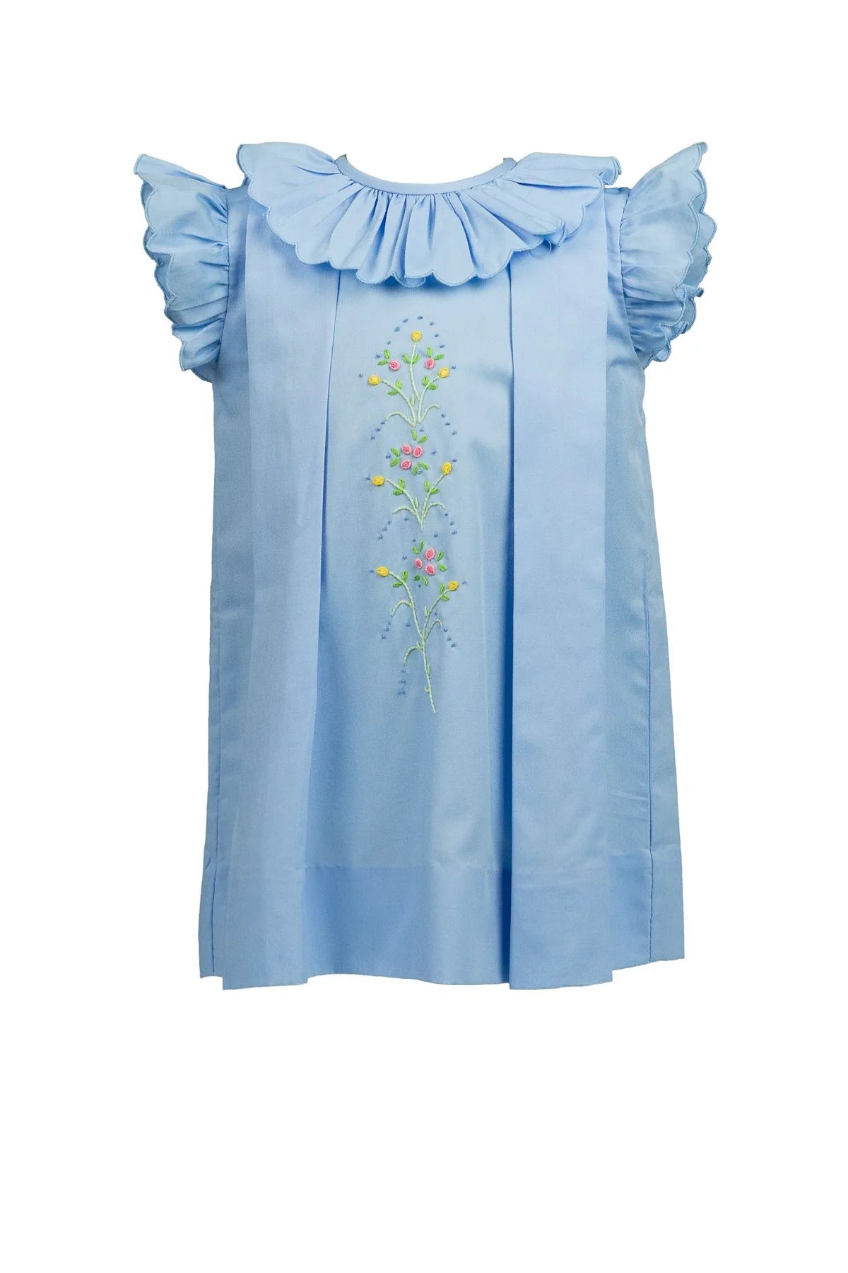 Light blue blouse with ruffled shoulders and floral embroidery on a white background