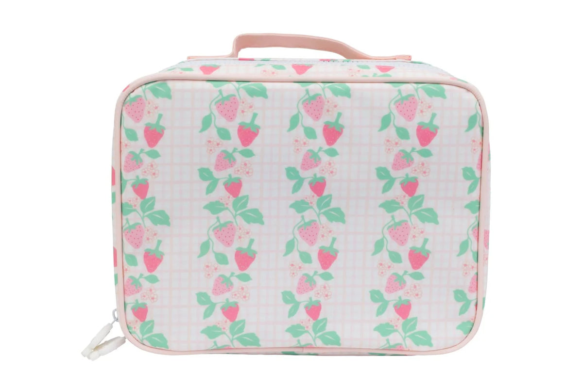 Rectangular lunch bag with strawberry pattern on a white background