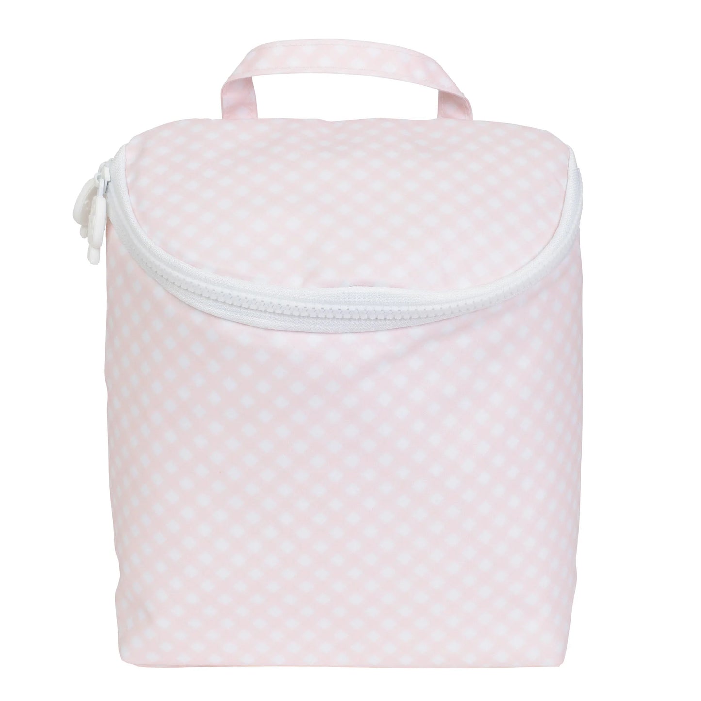 Pink checkered bag with a white zipper on a white background