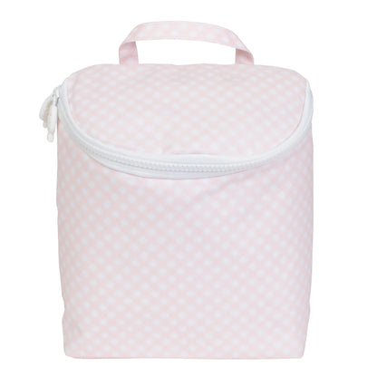 Pink checkered bag with a white zipper on a white background