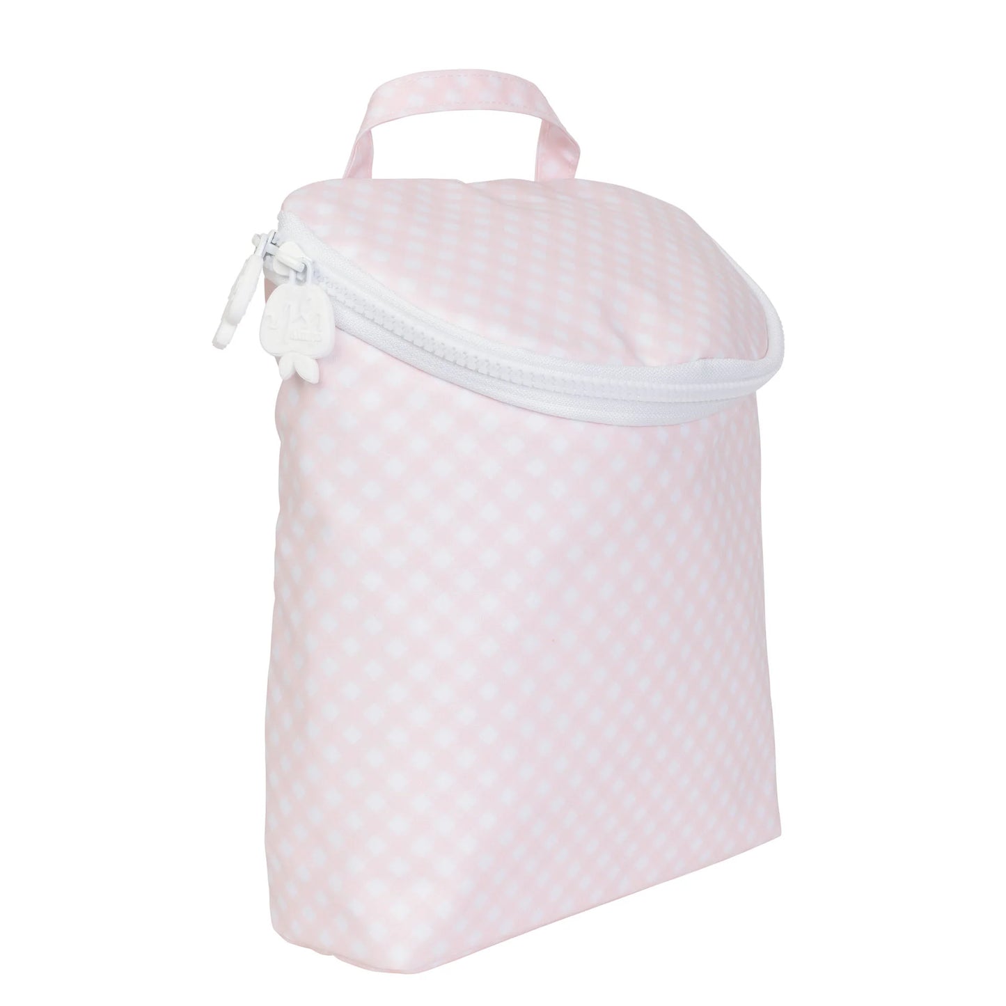 Pink checkered bag with a white zipper on a white background