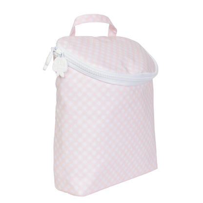 Pink checkered bag with a white zipper on a white background