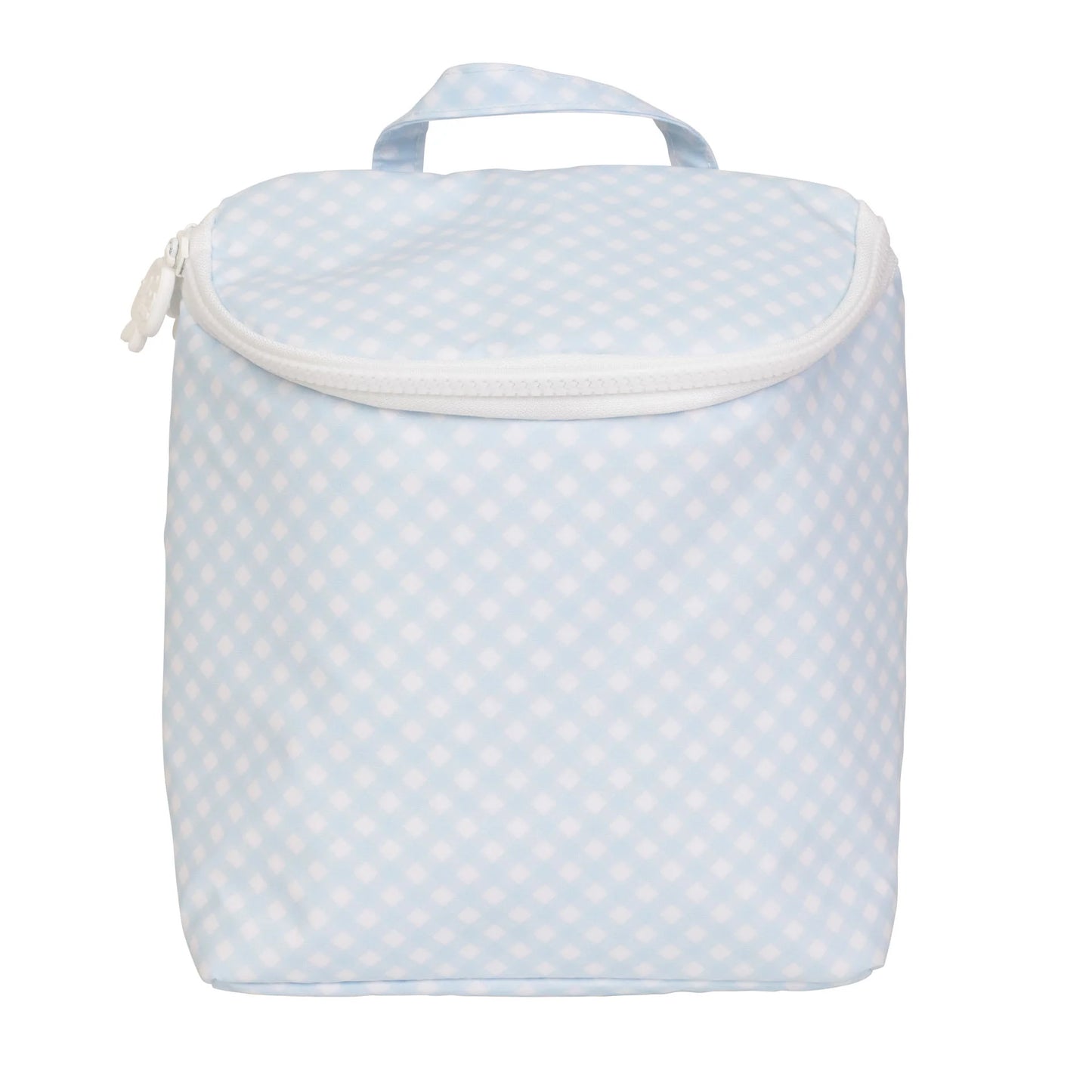 Light blue gingham bottle bag with white on a white background