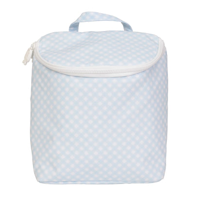 Light blue gingham bottle bag with white on a white background