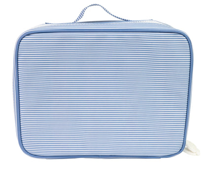 Blue striped toiletry bag on a white background