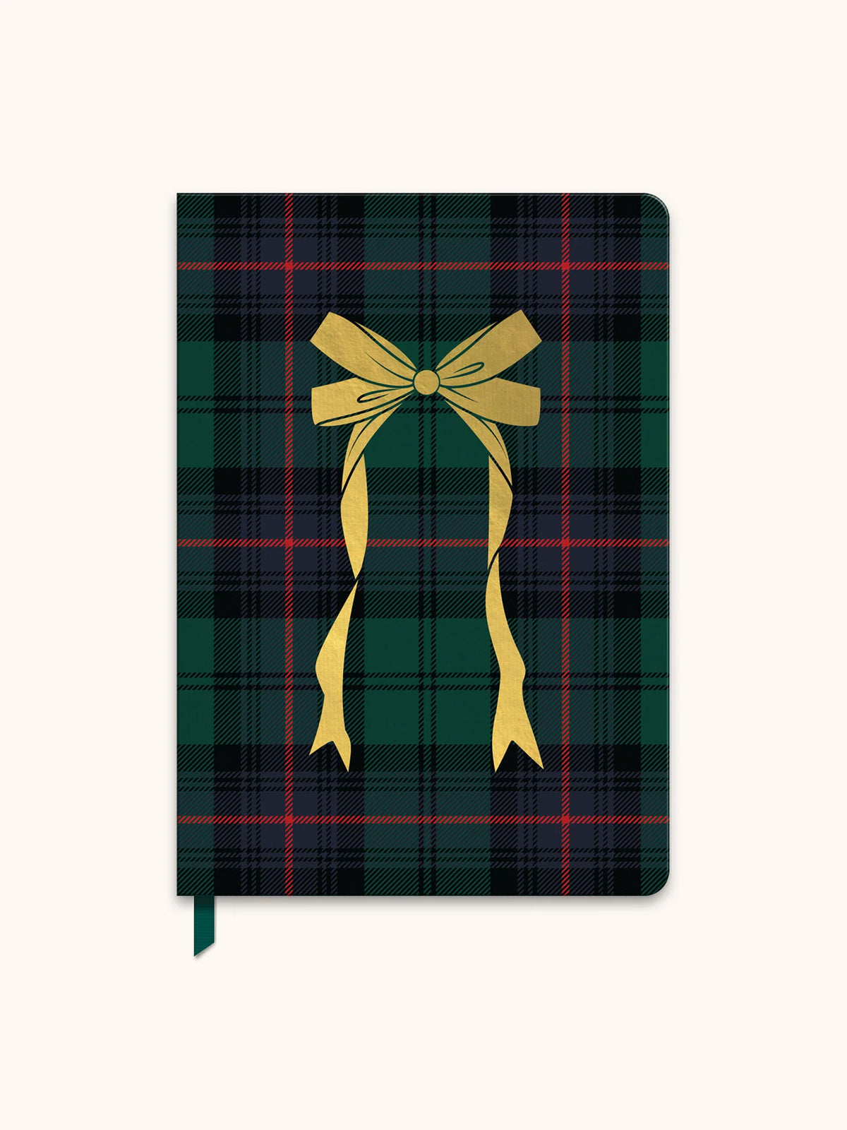 A hardcover notebook featuring a dark green and black tartan plaid pattern with thin red lines, decorated with a large golden-yellow ribbon bow graphic in the center, and a dark green ribbon bookmark hanging from the bottom edge.
