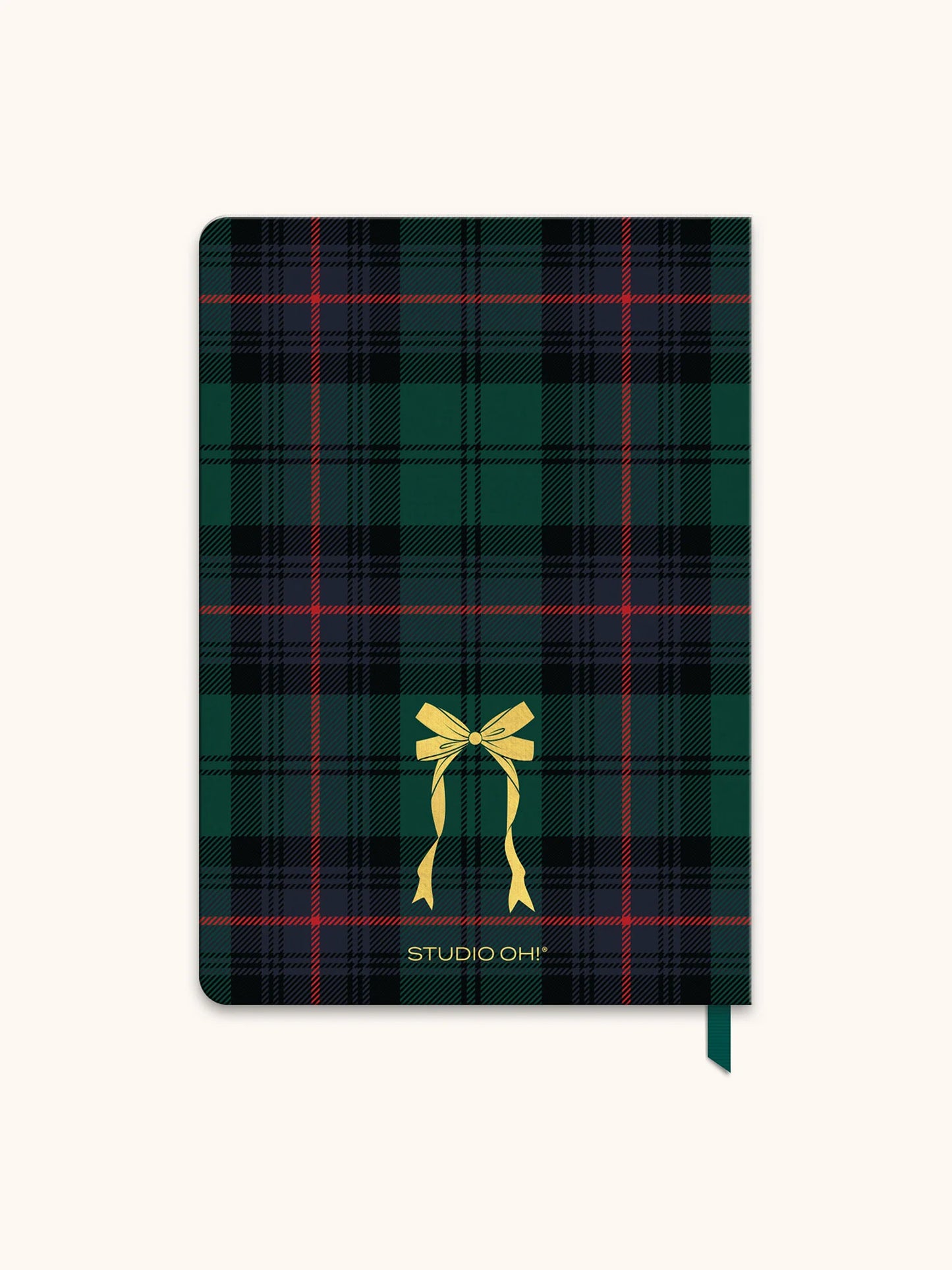 A Studio Oh! hardcover notebook featuring a dark green and black tartan plaid pattern with thin red and yellow stripes, a yellow ribbon graphic, and the brand name 'STUDIO OH!' printed in gold near the bottom.
