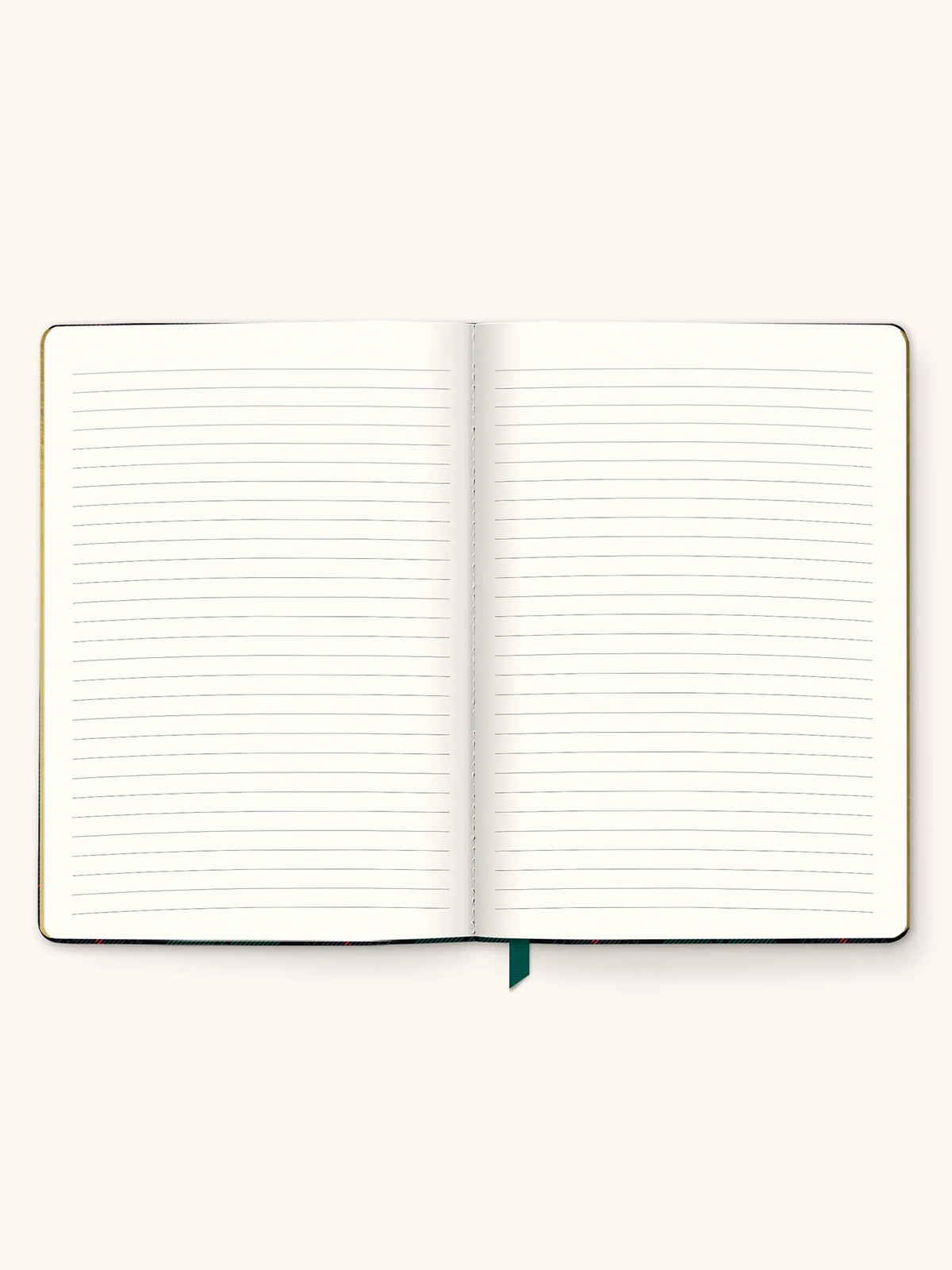 An open lined notebook with blank pages, shown from above on a plain light beige background. A small dark green ribbon bookmark is visible at the bottom center.