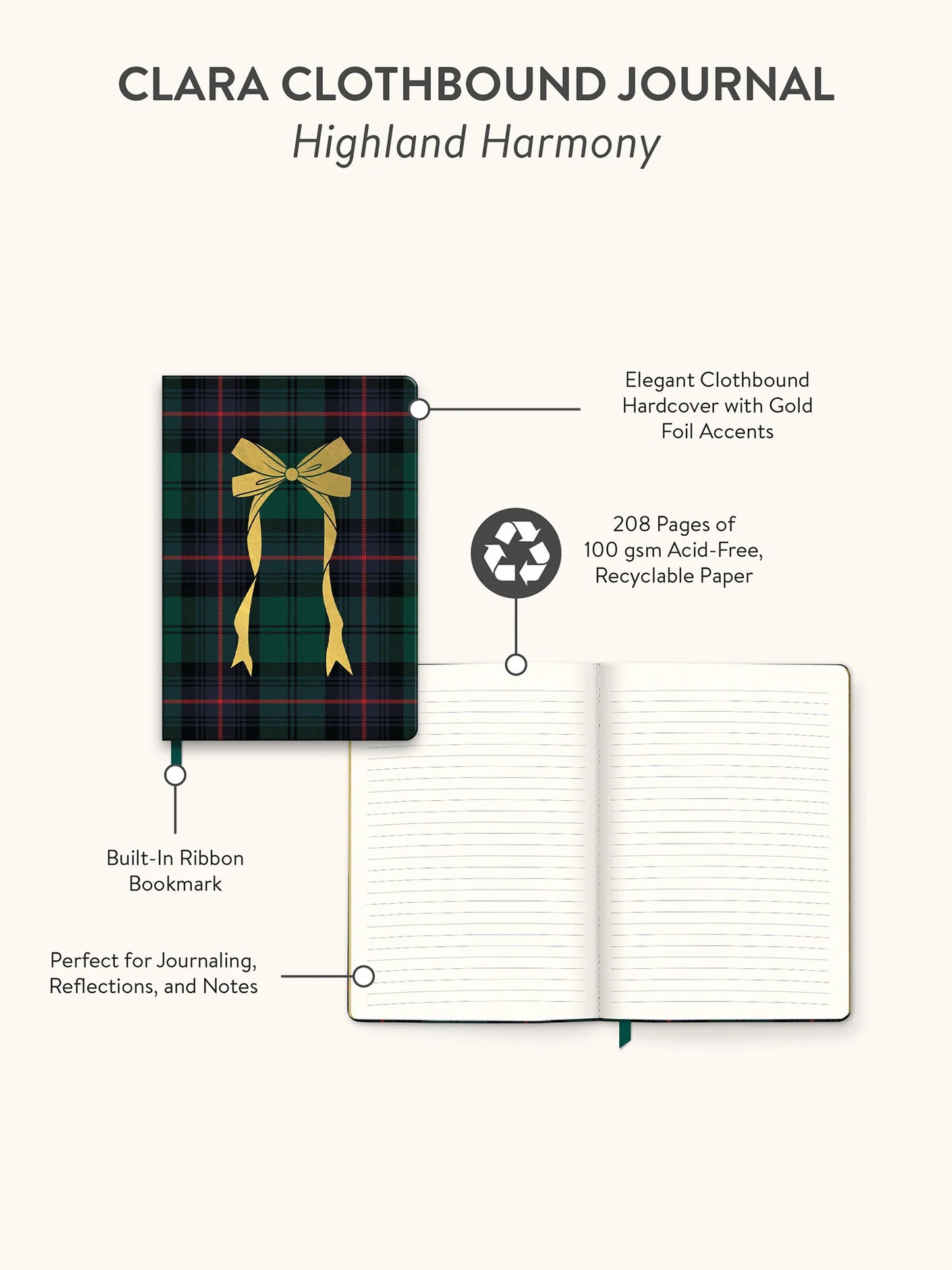 A product infographic for the 'Clara Clothbound Journal' in 'Highland Harmony' on a light beige background. It features a closed journal with a green tartan plaid cover and a gold ribbon bow, alongside an open lined journal.