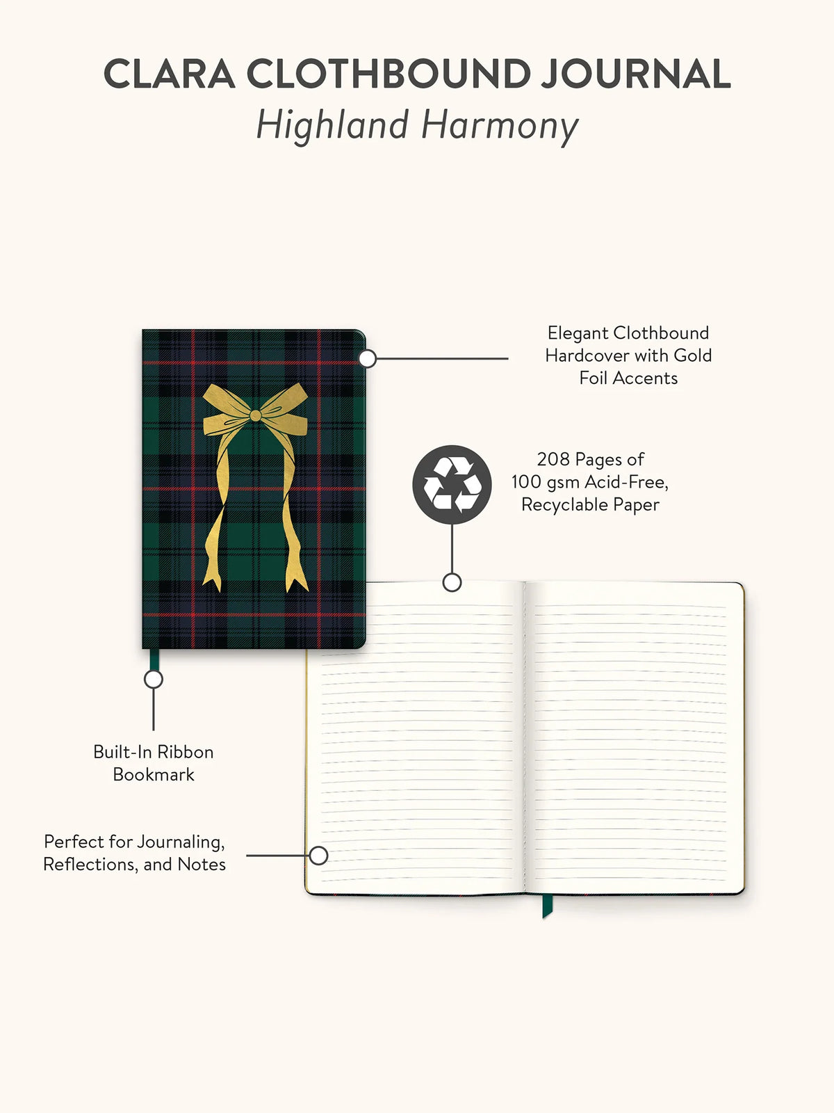A product infographic for the 'Clara Clothbound Journal' in 'Highland Harmony' on a light beige background. It features a closed journal with a green tartan plaid cover and a gold ribbon bow, alongside an open lined journal.