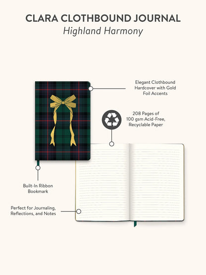A product infographic for the 'Clara Clothbound Journal' in 'Highland Harmony' on a light beige background. It features a closed journal with a green tartan plaid cover and a gold ribbon bow, alongside an open lined journal.