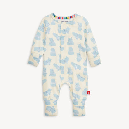 Baby onesie with blue bear pattern on a white background